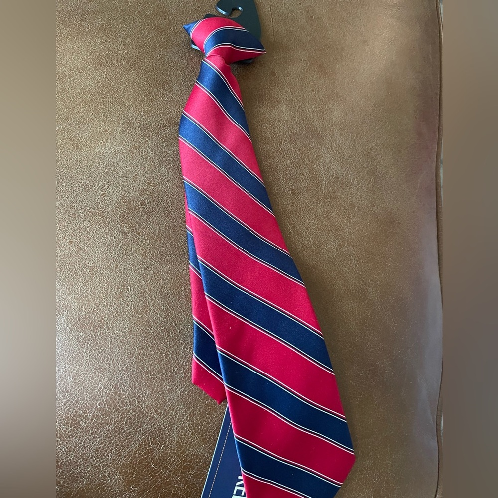 Boys clip on neck tie Red and Navy Striped size 8 to 10 formal dressy church